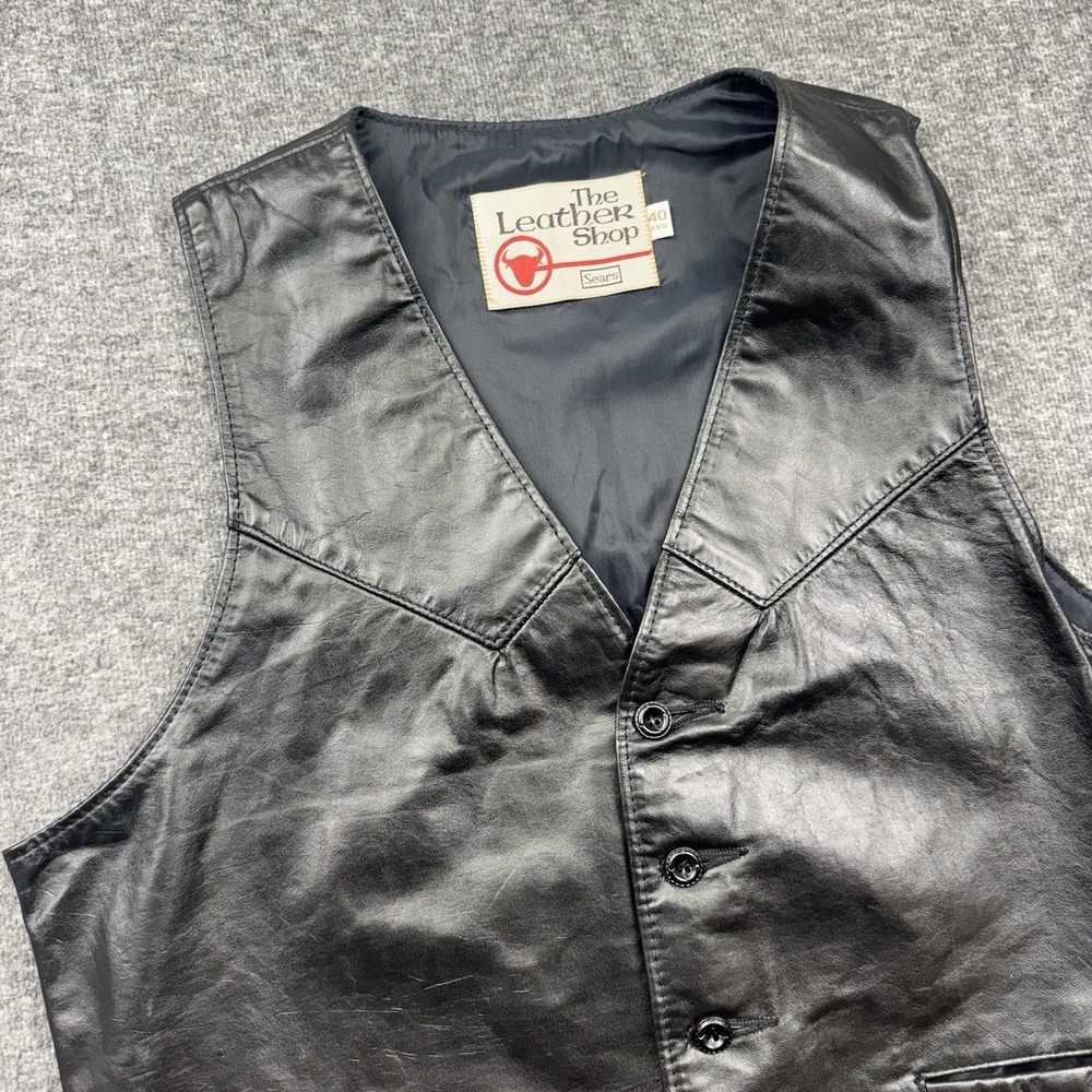 SEARS Leather Shop Black Vest Men's Size 40‎ Reg 80's Western Biker Vtg Moto